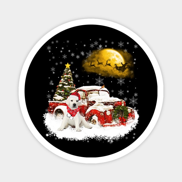 Red Truck Xmas Tree White Labrador Christmas Magnet by Benko Clarence